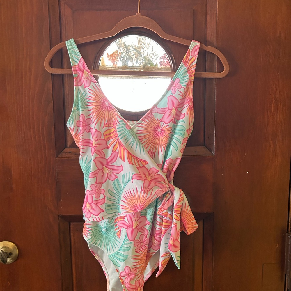 Floral Wrap One Piece Swimsuit - Pink and Green